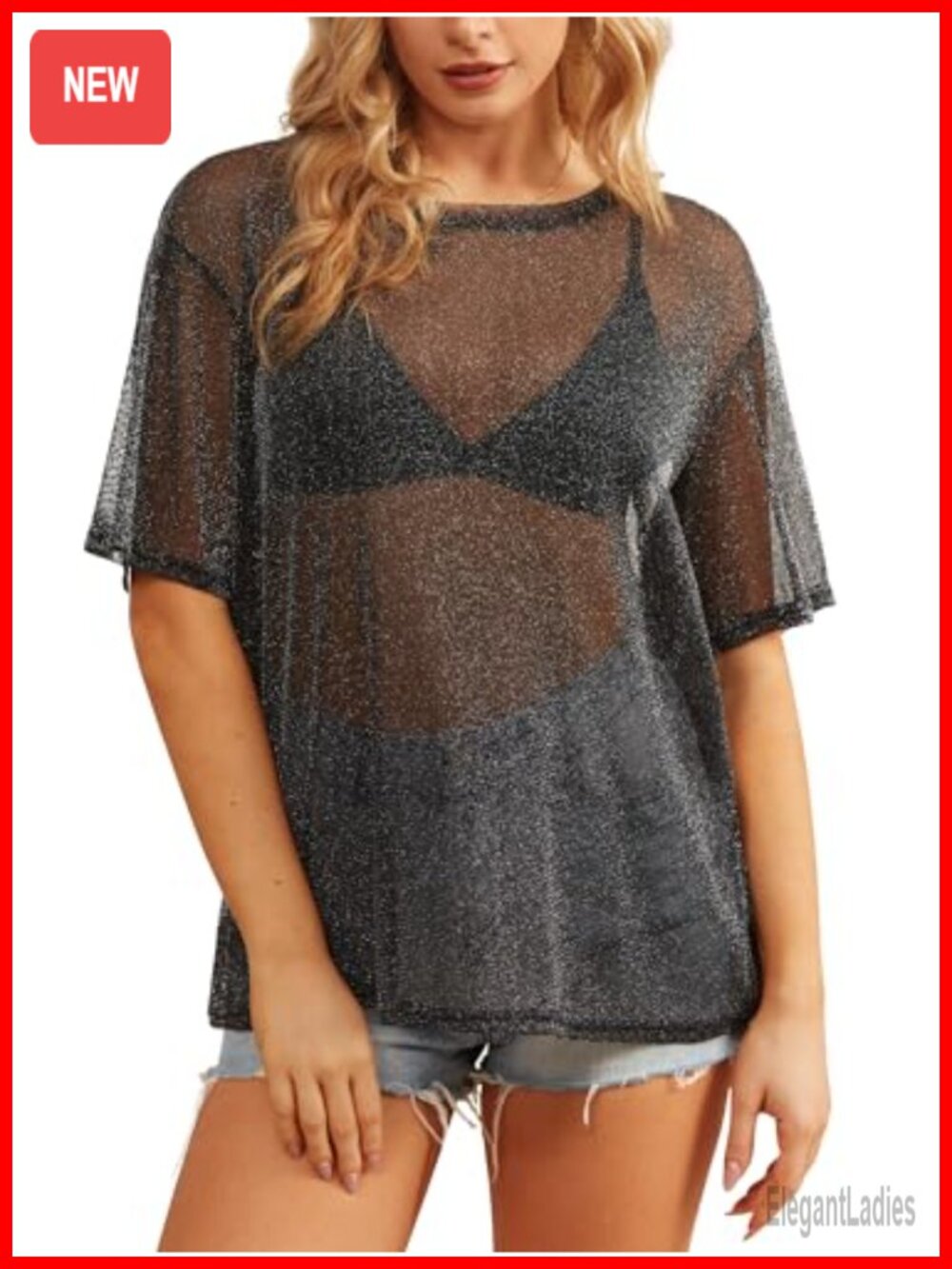 Women's Sheer Mesh Short Sleeve Loose Fit Summer Blouse Top